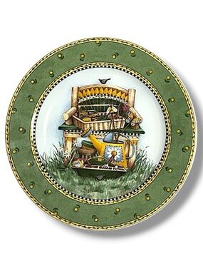 Vintage Debbie Mumm Plate Gardening Scene Green Yellow 8” Collectible 1999